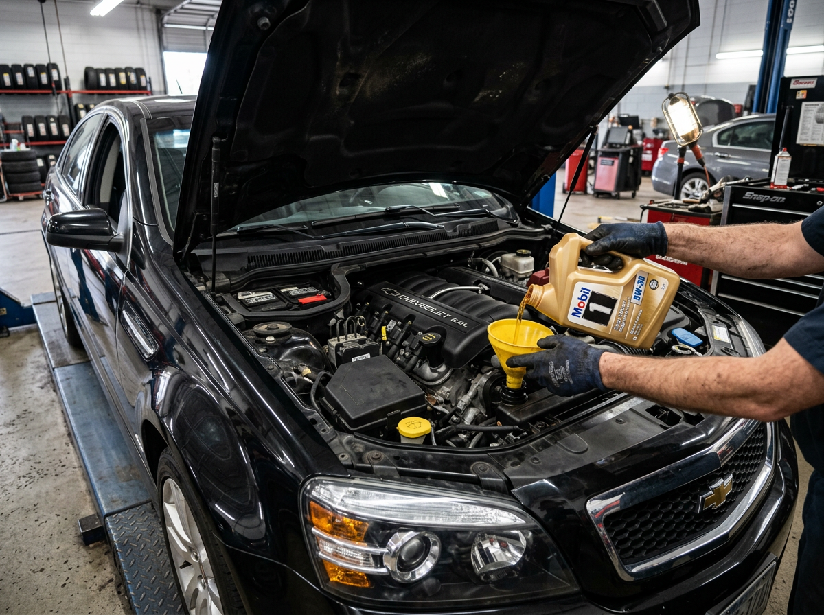 2015 Chevrolet Caprice SS with hood open during an oil change